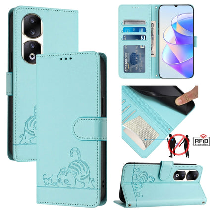 Cat Rat Embossed Pattern RFID Leather Phone Case with Lanyard, For Honor X6a 4G, For Honor 70 Lite 5G Global/X6s 4G Global, For Honor 90 Lite 5G/X50i 5G, For Honor 90 Pro 5G