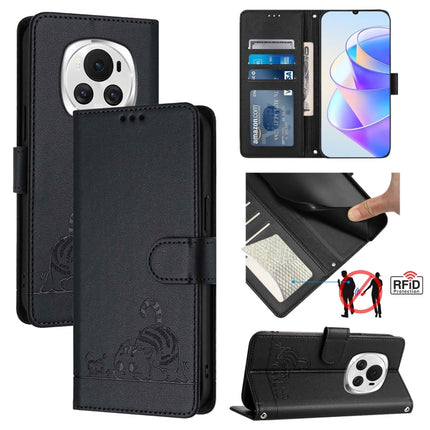 Cat Rat Embossed Pattern RFID Leather Phone Case with Lanyard, For Honor Magic6 5G Global, For Honor X8b 4G Global, For Honor Magic6 Lite 5G Global, For Honor X9b 5G Global