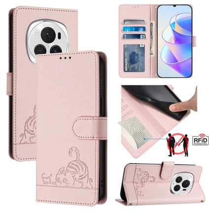 Cat Rat Embossed Pattern RFID Leather Phone Case with Lanyard, For Honor X6b, For Honor 200, For Honor 200 Pro, For Honor Magic6 Pro 5G Global