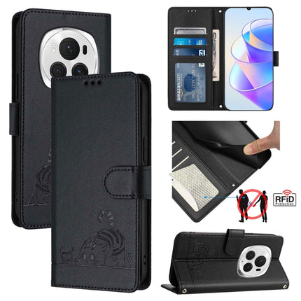 Cat Rat Embossed Pattern RFID Leather Phone Case with Lanyard, For Honor X6b, For Honor 200, For Honor 200 Pro, For Honor Magic6 Pro 5G Global