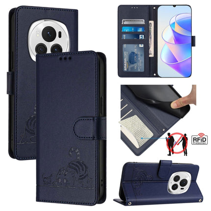 Cat Rat Embossed Pattern RFID Leather Phone Case with Lanyard, For Honor X6b, For Honor 200, For Honor 200 Pro, For Honor Magic6 Pro 5G Global