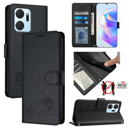 Cat Rat Embossed Pattern RFID Leather Phone Case with Lanyard, For Honor 90 5G, For Honor X7a 4G/Play7T 5G, For Honor Magic5 Pro, For Honor X8a 5G Global