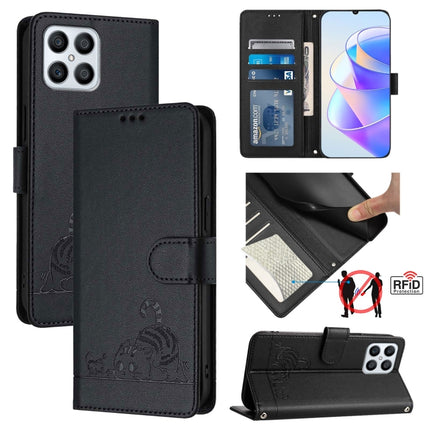 Cat Rat Embossed Pattern RFID Leather Phone Case with Lanyard, For Honor Play6T Pro 5G, For Honor X8 4G/X30i 5G, For Honor 60 SE 5G, For Honor 60 Pro 5G