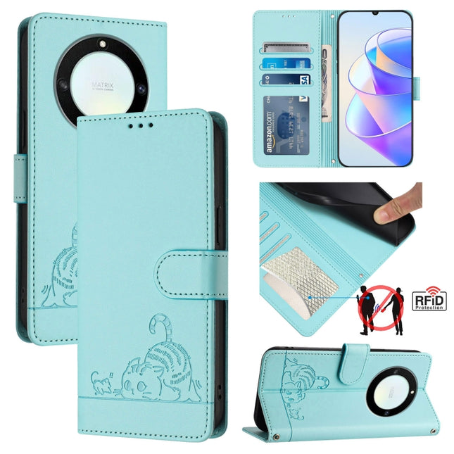 Cat Rat Embossed Pattern RFID Leather Phone Case with Lanyard, For Honor X40 5G/X9a 5G/Magic5 Lite, For Honor 80 GT 5G, For Honor 80 5G, For Honor X8 5G Global/X6 4G Global