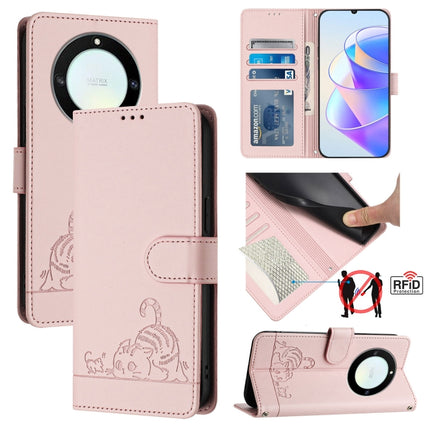 Cat Rat Embossed Pattern RFID Leather Phone Case with Lanyard, For Honor X40 5G/X9a 5G/Magic5 Lite, For Honor 80 GT 5G, For Honor 80 5G, For Honor X8 5G Global/X6 4G Global