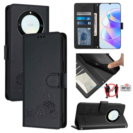 Cat Rat Embossed Pattern RFID Leather Phone Case with Lanyard, For Honor X40 5G/X9a 5G/Magic5 Lite, For Honor 80 GT 5G, For Honor 80 5G, For Honor X8 5G Global/X6 4G Global