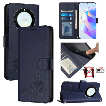 Cat Rat Embossed Pattern RFID Leather Phone Case with Lanyard, For Honor X40 5G/X9a 5G/Magic5 Lite, For Honor 80 GT 5G, For Honor 80 5G, For Honor X8 5G Global/X6 4G Global