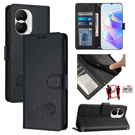 Cat Rat Embossed Pattern RFID Leather Phone Case with Lanyard, For Honor X30 5G/X9 5G/X9 4G, For Honor X40i 5G, For Honor 70 Pro 5G, For Honor 70 5G