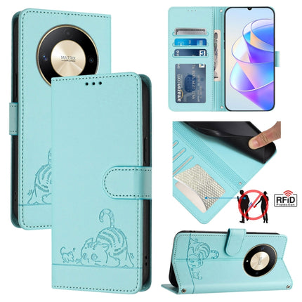 Cat Rat Embossed Pattern RFID Leather Phone Case with Lanyard, For Honor Magic6 5G Global, For Honor X8b 4G Global, For Honor Magic6 Lite 5G Global, For Honor X9b 5G Global
