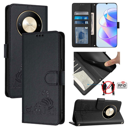 Cat Rat Embossed Pattern RFID Leather Phone Case with Lanyard, For Honor Magic6 5G Global, For Honor X8b 4G Global, For Honor Magic6 Lite 5G Global, For Honor X9b 5G Global