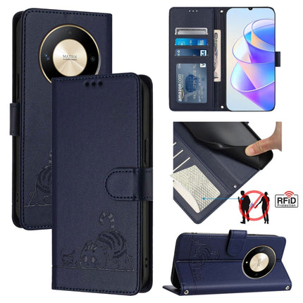 Cat Rat Embossed Pattern RFID Leather Phone Case with Lanyard, For Honor Magic6 5G Global, For Honor X8b 4G Global, For Honor Magic6 Lite 5G Global, For Honor X9b 5G Global