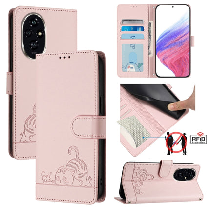 Cat Rat Embossed Pattern RFID Leather Phone Case with Lanyard, For Honor X6b, For Honor 200, For Honor 200 Pro, For Honor Magic6 Pro 5G Global