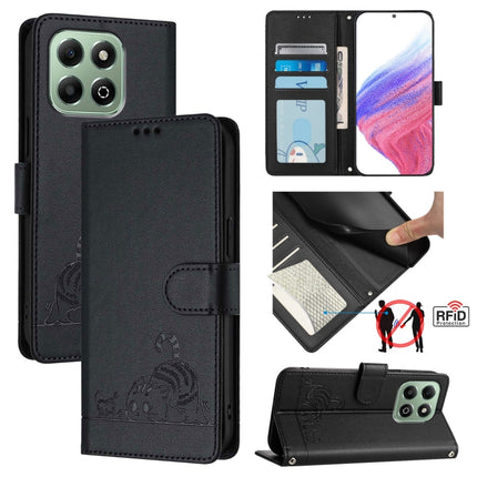 Cat Rat Embossed Pattern RFID Leather Phone Case with Lanyard, For Honor X6b, For Honor 200, For Honor 200 Pro, For Honor Magic6 Pro 5G Global