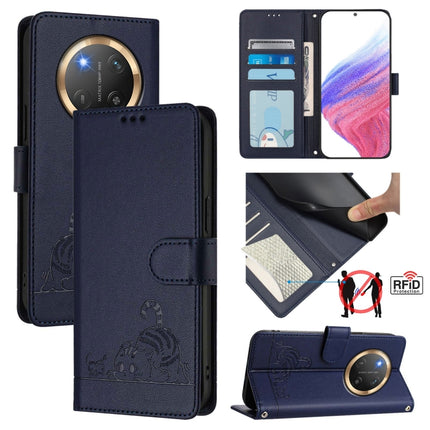 Cat Rat Embossed Pattern RFID Leather Phone Case with Lanyard, For Honor X8c 4G Global, For Honor X9c Smart 5G Global, For Honor X9c 5G Global, For Honor 200 Smart 5G Global