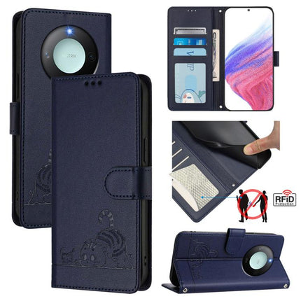 Cat Rat Embossed Pattern RFID Leather Phone Case with Lanyard, For Honor X8c 4G Global, For Honor X9c Smart 5G Global, For Honor X9c 5G Global, For Honor 200 Smart 5G Global