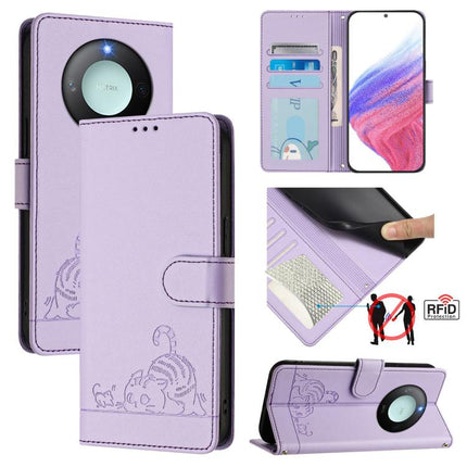 Cat Rat Embossed Pattern RFID Leather Phone Case with Lanyard, For Honor X8c 4G Global, For Honor X9c Smart 5G Global, For Honor X9c 5G Global, For Honor 200 Smart 5G Global