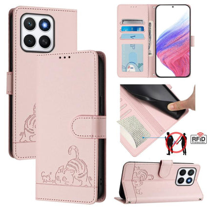 Cat Rat Embossed Pattern RFID Leather Phone Case with Lanyard, For Honor X8c 4G Global, For Honor X9c Smart 5G Global, For Honor X9c 5G Global, For Honor 200 Smart 5G Global
