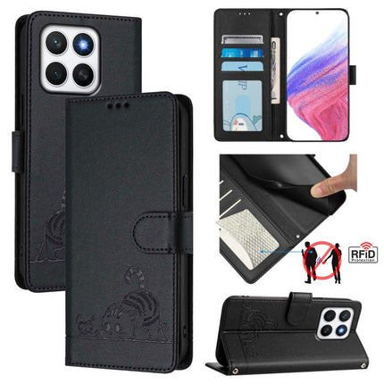 Cat Rat Embossed Pattern RFID Leather Phone Case with Lanyard, For Honor X8c 4G Global, For Honor X9c Smart 5G Global, For Honor X9c 5G Global, For Honor 200 Smart 5G Global