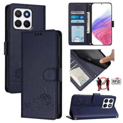 Cat Rat Embossed Pattern RFID Leather Phone Case with Lanyard, For Honor X8c 4G Global, For Honor X9c Smart 5G Global, For Honor X9c 5G Global, For Honor 200 Smart 5G Global