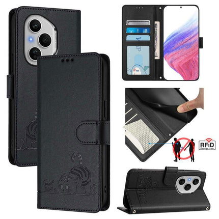 Cat Rat Embossed Pattern RFID Leather Phone Case with Lanyard, For Honor 400 Pro 5G 160.8mm Global, For Honor Power 5G, For Honor Play 60 5G, For Honor 400 Lite Global