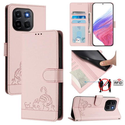 Cat Rat Embossed Pattern RFID Leather Phone Case with Lanyard, For Honor Magic8, For Honor Play 70 Plus, For Honor X5c Plus, For Honor X6c 4G