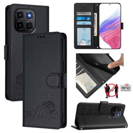 Cat Rat Embossed Pattern RFID Leather Phone Case with Lanyard, For Honor Magic8, For Honor Play 70 Plus, For Honor X5c Plus, For Honor X6c 4G
