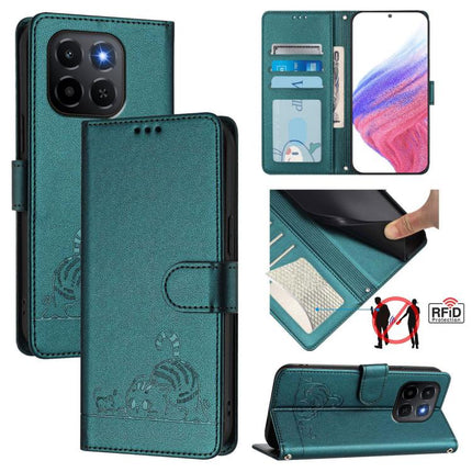 Cat Rat Embossed Pattern RFID Leather Phone Case with Lanyard, For Honor Magic8, For Honor Play 70 Plus, For Honor X5c Plus, For Honor X6c 4G
