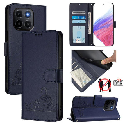 Cat Rat Embossed Pattern RFID Leather Phone Case with Lanyard, For Honor Magic8, For Honor Play 70 Plus, For Honor X5c Plus, For Honor X6c 4G