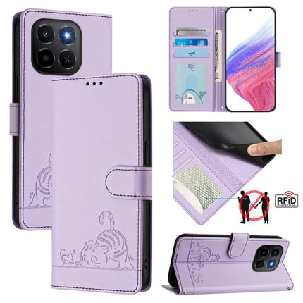 Cat Rat Embossed Pattern RFID Leather Phone Case with Lanyard, For Honor Magic8, For Honor Play 70 Plus, For Honor X5c Plus, For Honor X6c 4G