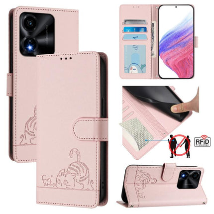 Cat Rat Embossed Pattern RFID Leather Phone Case with Lanyard, For Honor Magic8, For Honor Play 70 Plus, For Honor X5c Plus, For Honor X6c 4G