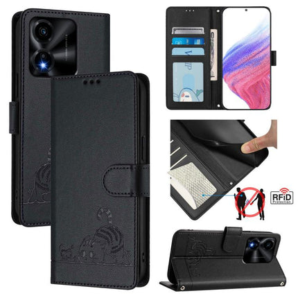 Cat Rat Embossed Pattern RFID Leather Phone Case with Lanyard, For Honor Magic8, For Honor Play 70 Plus, For Honor X5c Plus, For Honor X6c 4G