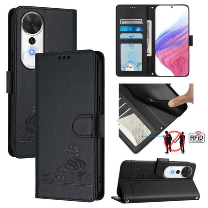 Cat Rat Embossed Pattern RFID Leather Phone Case with Lanyard, For Honor Magic8, For Honor Play 70 Plus, For Honor X5c Plus, For Honor X6c 4G