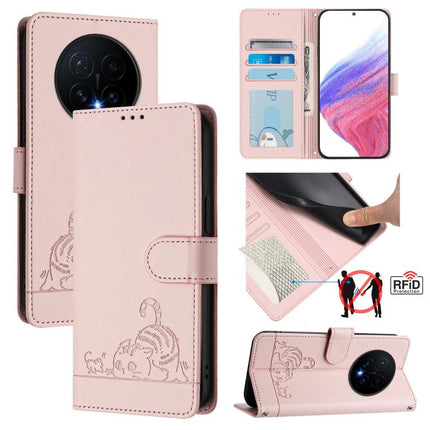 Cat Rat Embossed Pattern RFID Leather Phone Case with Lanyard, For Honor Magic8, For Honor Play 70 Plus, For Honor X5c Plus, For Honor X6c 4G