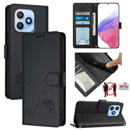 Cat Rat Embossed Pattern RFID Leather Phone Case with Lanyard, For Honor 600 Lite Global, For Honor Magic8 Pro Air 5G, For Honor X8d 4G, For Honor Magic8 Pro