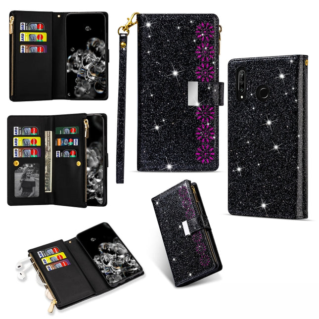 Multi-card Slots Starry Sky Laser Carving Glitter Zipper Horizontal Flip Leather Case with Holder & Wallet & Lanyard, For Huawei P smart 2019, For Huawei Y7 (2019)