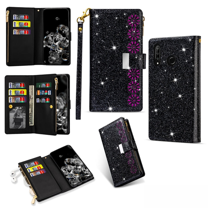 Multi-card Slots Starry Sky Laser Carving Glitter Zipper Horizontal Flip Leather Case with Holder & Wallet & Lanyard, For Huawei P smart 2019, For Huawei Y7 (2019)