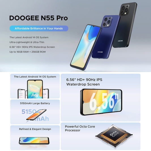 DOOGEE N55 Pro, 6.56 inch Android 14 Spreadtrum T606 Octa Core, Network: 4G, 6GB+256GB