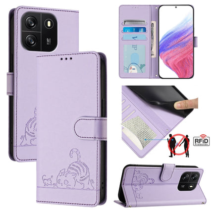 Cat Rat Embossed Pattern RFID Leather Phone Case with Lanyard, For Blackview Wave 6C, For Blackview Shark 8, For Blackview A53, For Blackview A52
