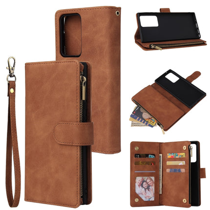 Multifunktionale, im Retro-Stil gehaltene horizontale Klapp-Lederhülle mit Kartenfach und Halter, Geldbörse mit Reißverschluss, Bilderrahmen und Umhängeband, für Samsung Galaxy Note20