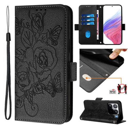 Embossed Rose RFID Anti-theft Leather Phone Case, For Xiaomi 15T Pro 5G, For Xiaomi 15T 5G, For Xiaomi Civi 5 Pro 5G, For Xiaomi 15S Pro 5G