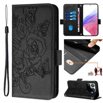 Embossed Rose RFID Anti-theft Leather Phone Case, For Xiaomi 15T Pro 5G, For Xiaomi 15T 5G, For Xiaomi Civi 5 Pro 5G, For Xiaomi 15S Pro 5G