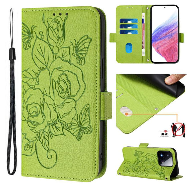 Embossed Rose RFID Anti-theft Leather Phone Case, For Xiaomi 17 Max 5G, For Xiaomi 17T Pro 5G, For Xiaomi Poco M7 4G 169mm, For Redmi 15 5G Global / 15 4G SEA 169.5mm