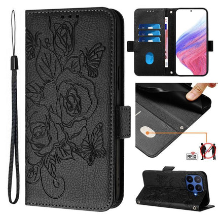 Embossed Rose RFID Anti-theft Leather Phone Case, For Xiaomi 17 Max 5G, For Xiaomi 17T Pro 5G, For Xiaomi Poco M7 4G 169mm, For Redmi 15 5G Global / 15 4G SEA 169.5mm
