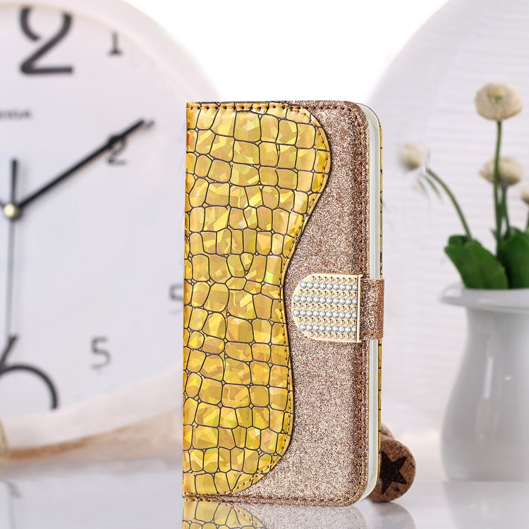 Horizontale Klapphülle aus Leder mit Laser-Glitzerpulver und passender Krokodilstruktur, mit Kartenfächern, Halter und Geldbörse, für iPhone 12 mini, für iPhone 12/12 Pro, für iPhone 12 Pro Max, für Samsung Galaxy Note20, für Samsung Galaxy Note20 Ultra