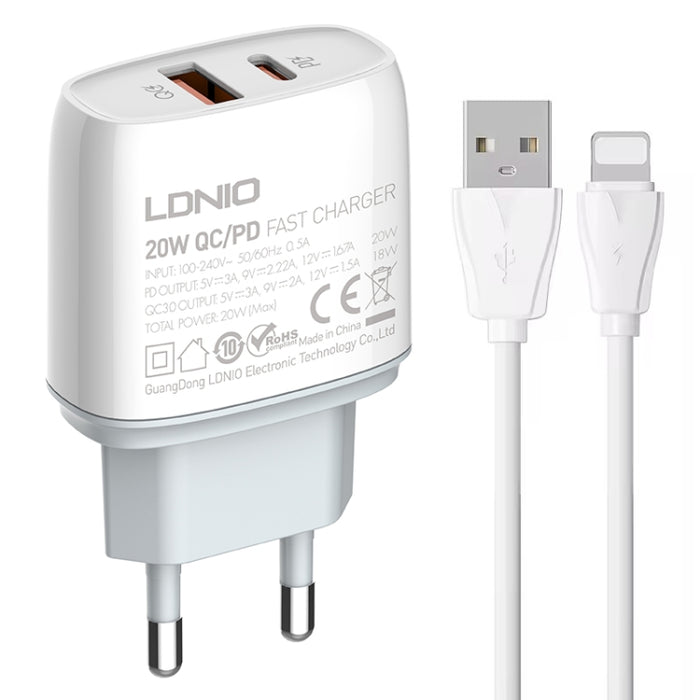 LDNIO Q229 QC3.0 / PD20W USB + Type-C Fast Charger with 1m USB to 8 Pin Cable, EU Plug, UK Plug, US Plug