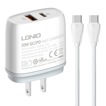 LDNIO Q229 QC3.0 / PD20W USB + Type-C Fast Charger with 1m Type-C to Type-C Cable, EU Plug, UK Plug, US Plug