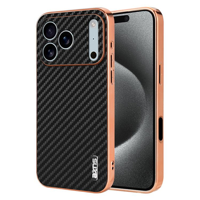 AZNS Electroplated Edge Carbon Fiber Texture Phone Case, For iPhone 18 Pro, For iPhone 18 Pro Max, For iPhone 17e / 16e, For iPhone 17 Pro Max, For iPhone 17 Pro, For iPhone 17