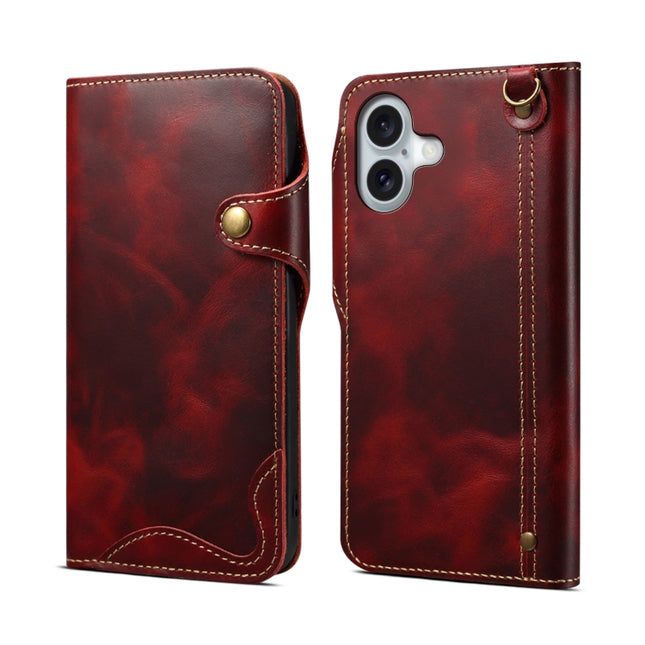 Denior B01 Oil Wax Cowhide Magnetic Button Genuine Leather Case, For iPhone 16