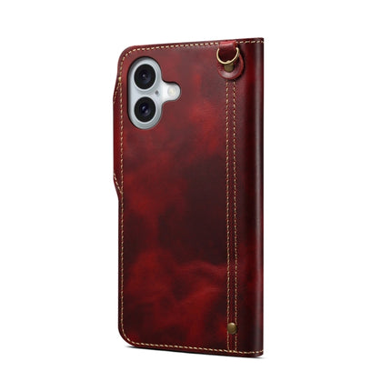 Denior B01 Oil Wax Cowhide Magnetic Button Genuine Leather Case, For iPhone 16