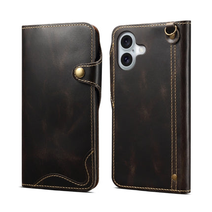 Denior B01 Oil Wax Cowhide Magnetic Button Genuine Leather Case, For iPhone 16e, For iPhone 16 Pro Max, For iPhone 16 Pro, For iPhone 16 Plus
